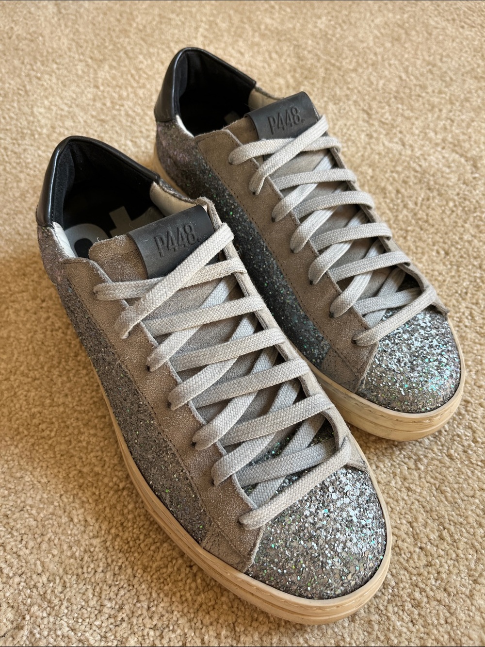 P448 Gray Glitter Sneakers with Pink Bottom